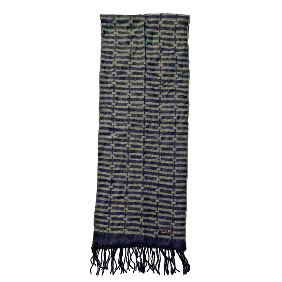 Gucci Black & Gray Embroidered Logo Geometric Weave Wool Scarf Pre-owned - Picture 8 of 16